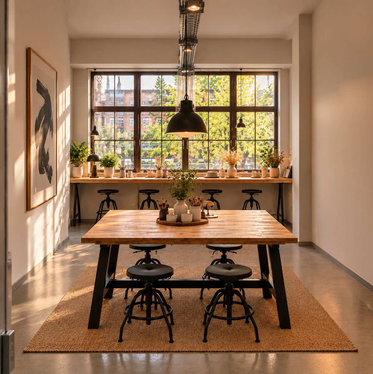 Keramik-Malstudio Alma: Maltisch mit Hockern in einem hellen Industrie-Loft